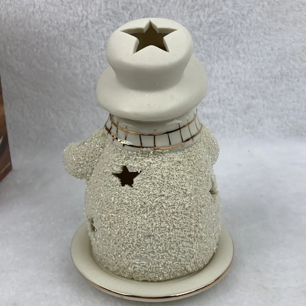 Christmas Let It Snow Ceramic Snowman Tea Light Holder with Plate NIB